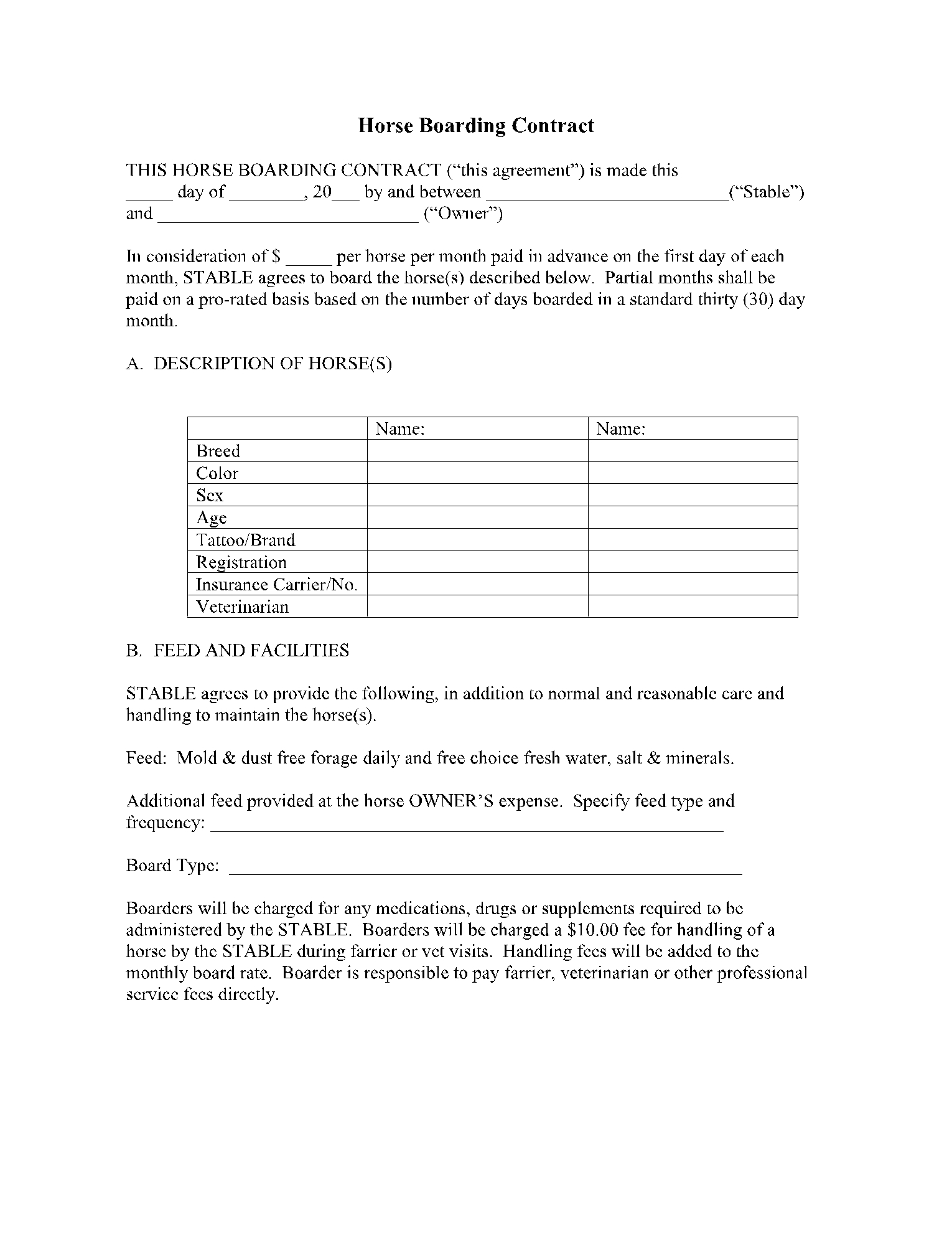 Equine Free Lease Agreement Printable