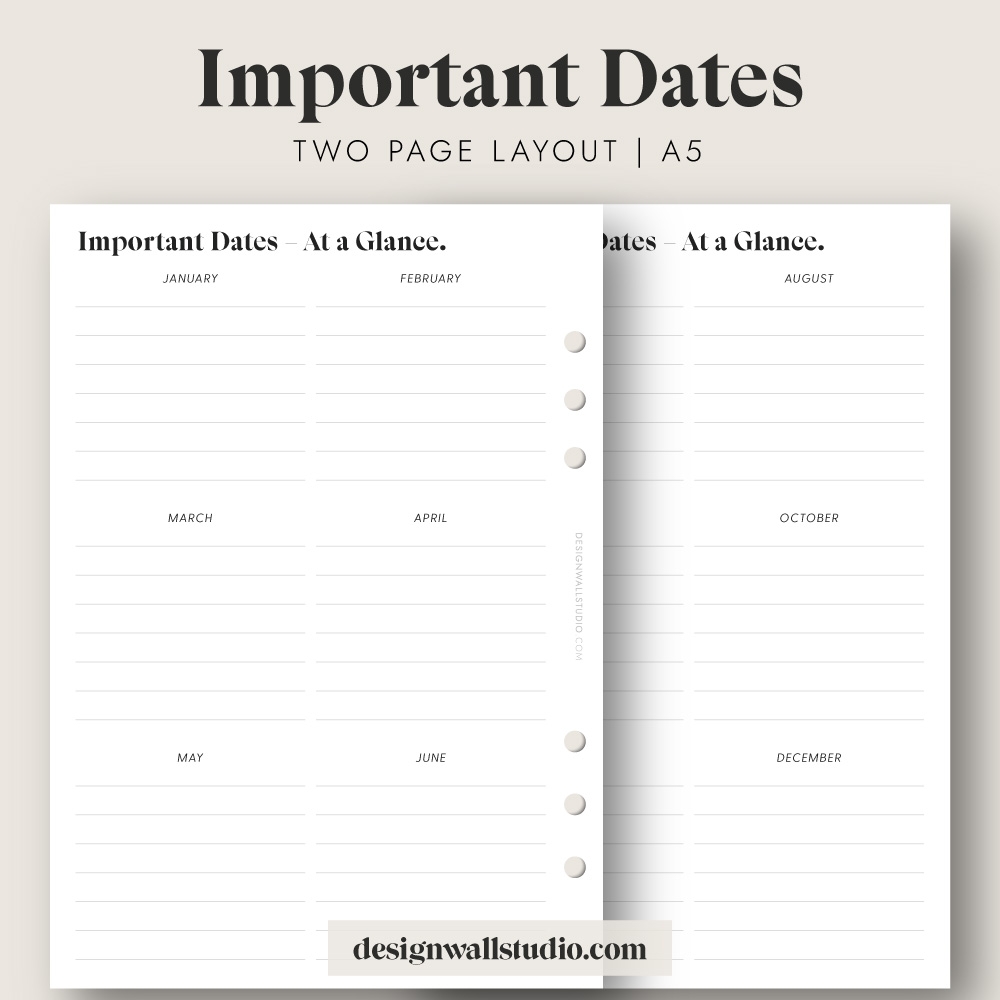 Yearly Important Dates Free Printable