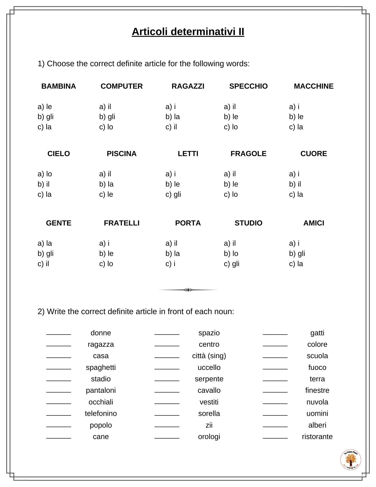 Italian Definite Articles Worksheets Articoli Determinativi Free Printable Download The Happy Maple Language Co
