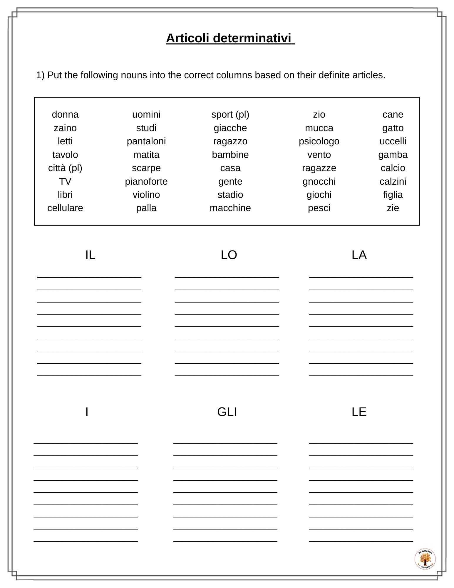 Italian Definite Articles Worksheets Articoli Determinativi Free Printable Download The Happy Maple Language Co