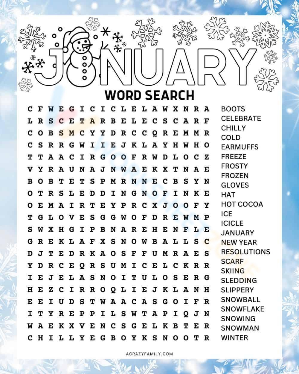 January Word Search Free Printable