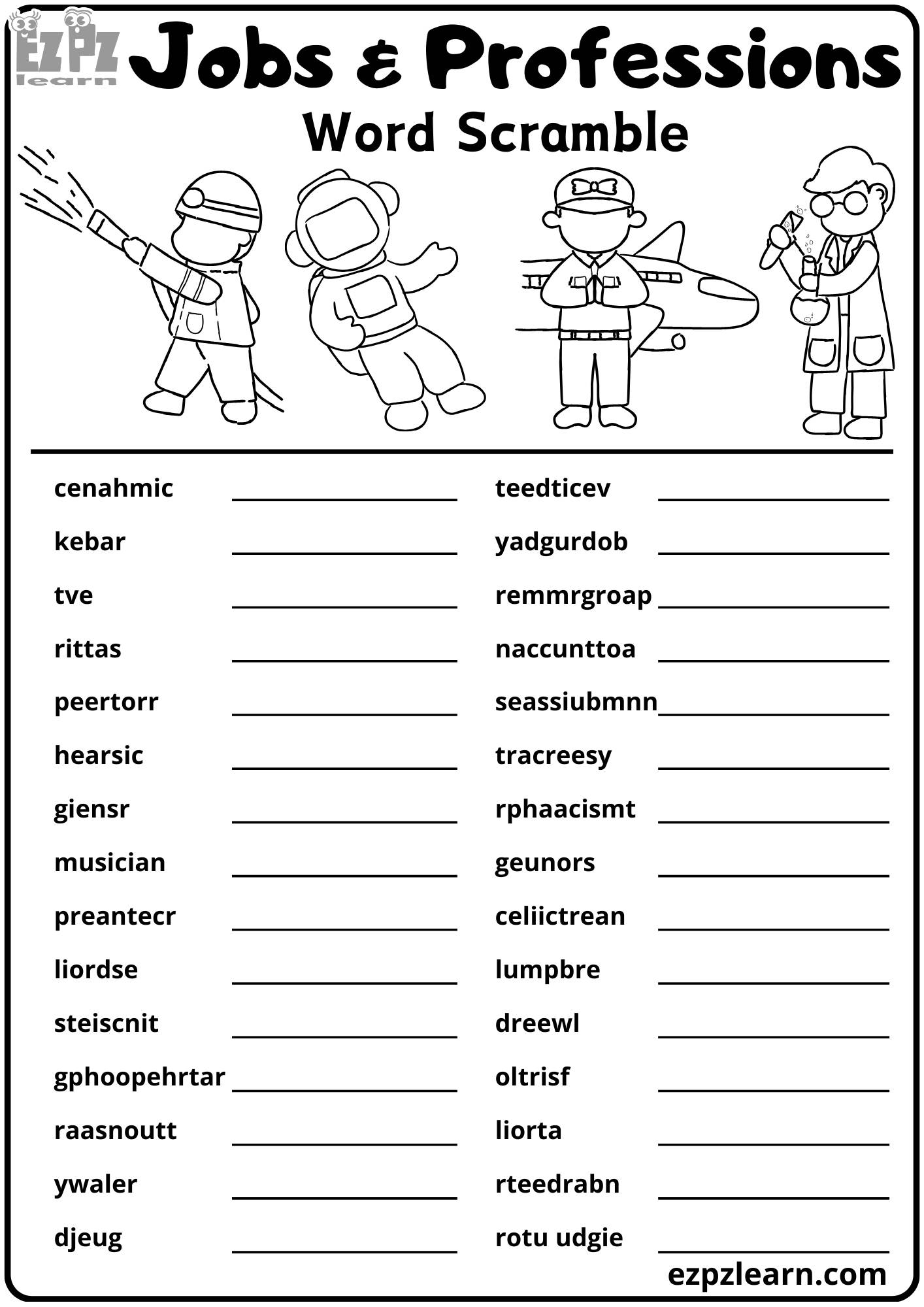 Jobs And Professions Word Scramble 30 Word Activity Free Printable PDF Ezpzlearn
