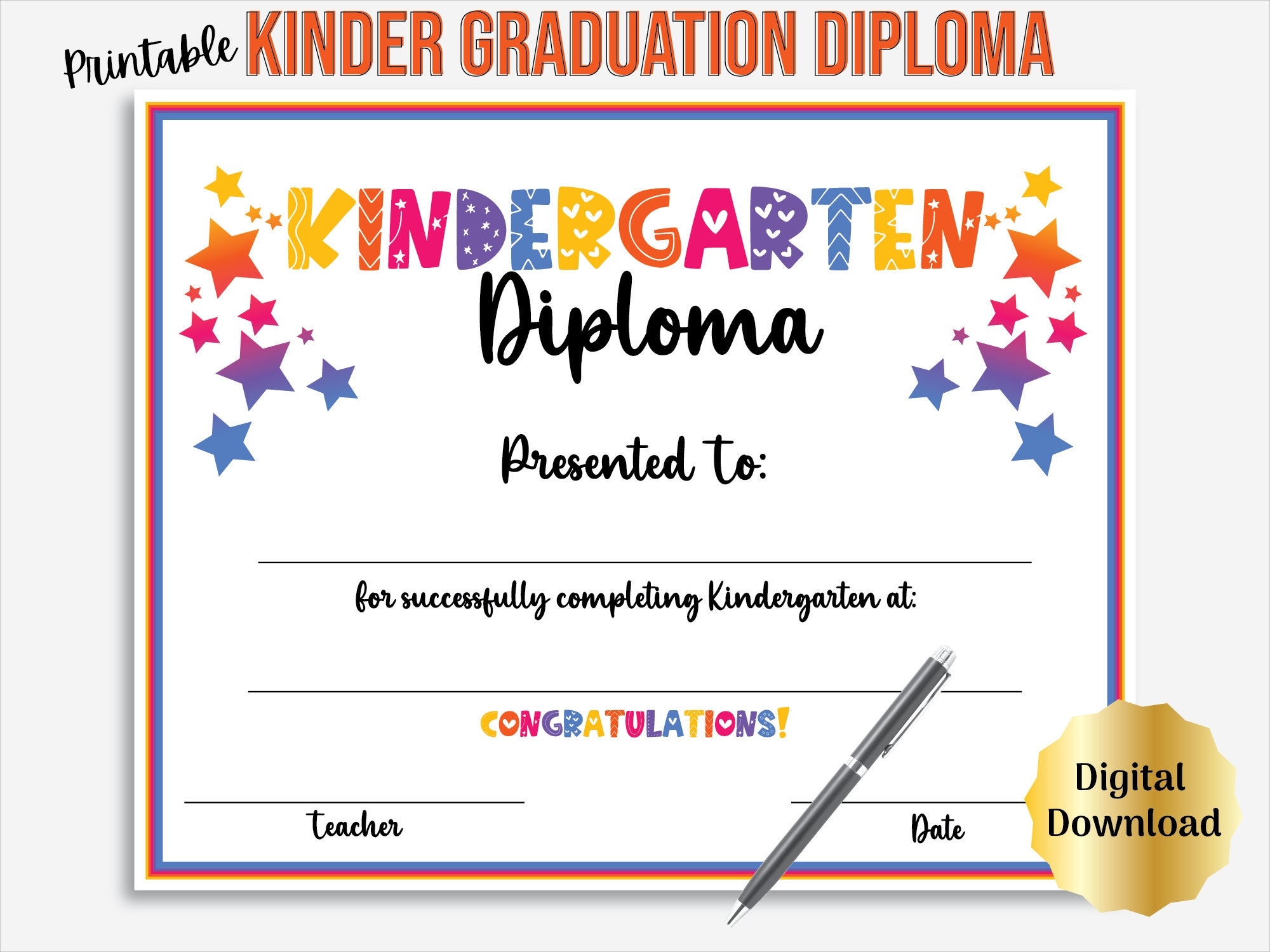 Kindergarten Graduation Diploma Certificate Printable Kinder Graduate Template Includes Editable PDF Etsy