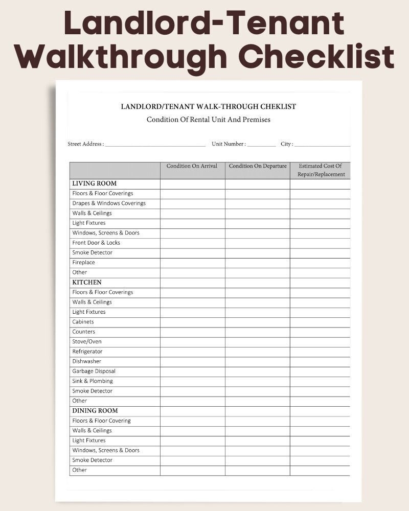 Landlord Tenant Walkthrough Checklist Printable PDF File Editable MS Word File Instant Download Etsy