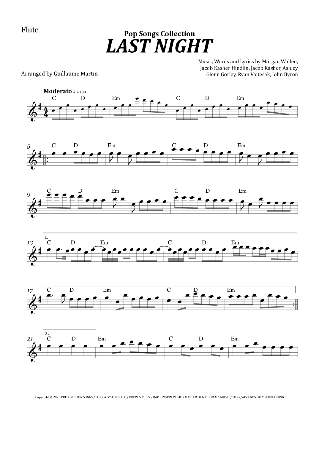 Last Night arr Guillaume Martin By Morgan Wallen Sheet Music For Flute Solo At Sheet Music Direct