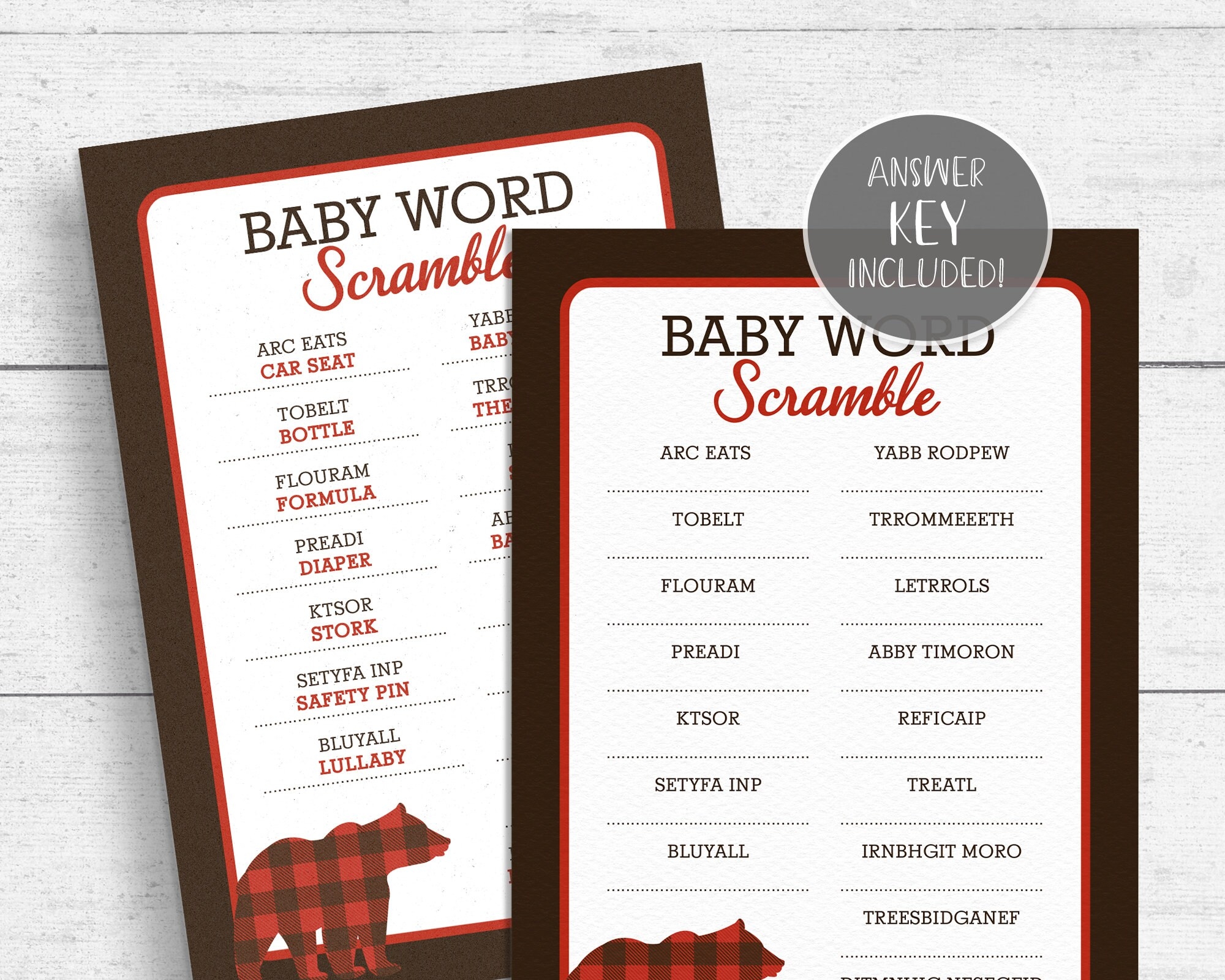 Lumberjack Baby Shower Word Scramble Game Printable Buffalo Plaid Bear DIY INSTANT DOWNLOAD LJ01 Etsy