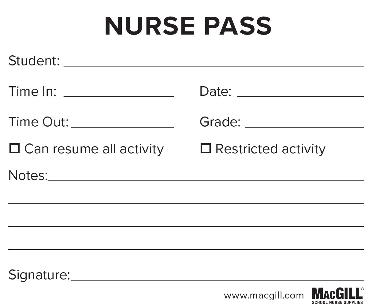 MacGill MacGill Nurse Pass 50 Sheets Per Pad Office Furniture Office Equipment Shop