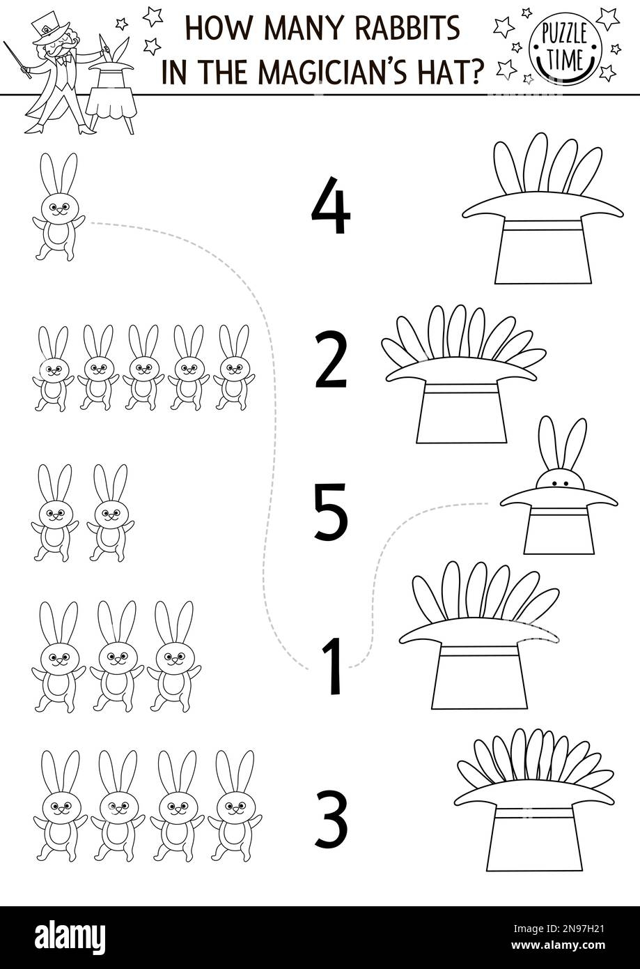 Match The Numbers Black And White Circus Game With Magician Hat And Rabbits Amusement Show Line Math Activity For Preschool Kids Festival Educationa Stock Vector Image Art Alamy