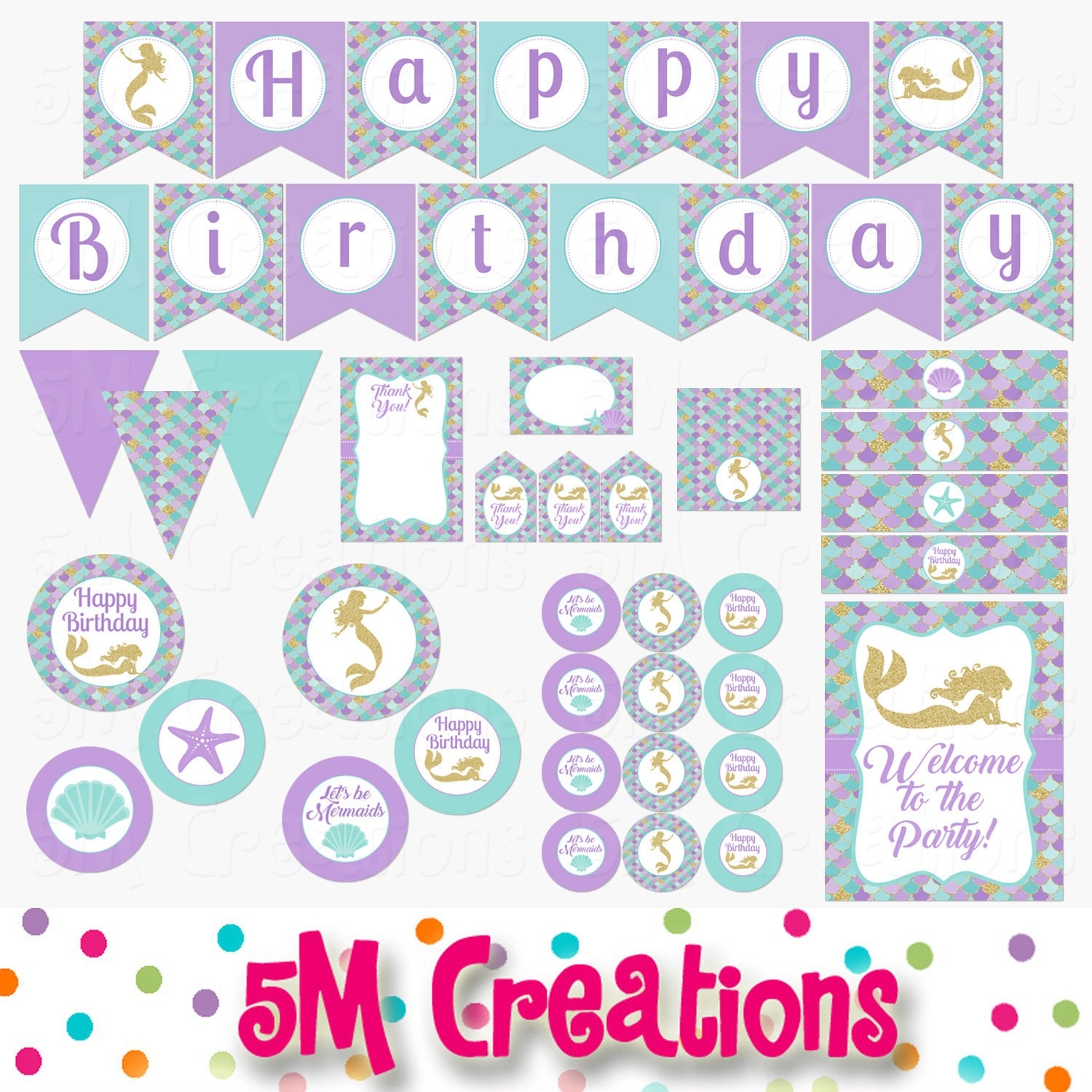 Mermaid Birthday Party Decorations Under The Sea Party Printable Decor Package Mermaid Cupcake Topper Banner Favor Tags Instant Download Etsy