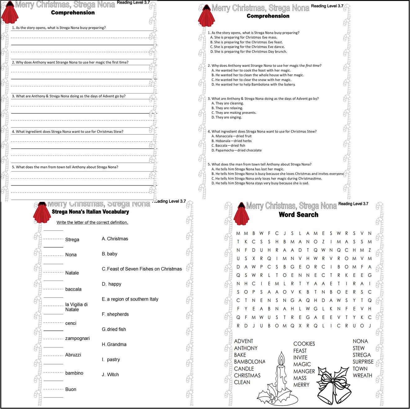 Merry Christmas Strega Nona Reading Comprehension Book Study Literacy Quiz Fun Worksheets Classful