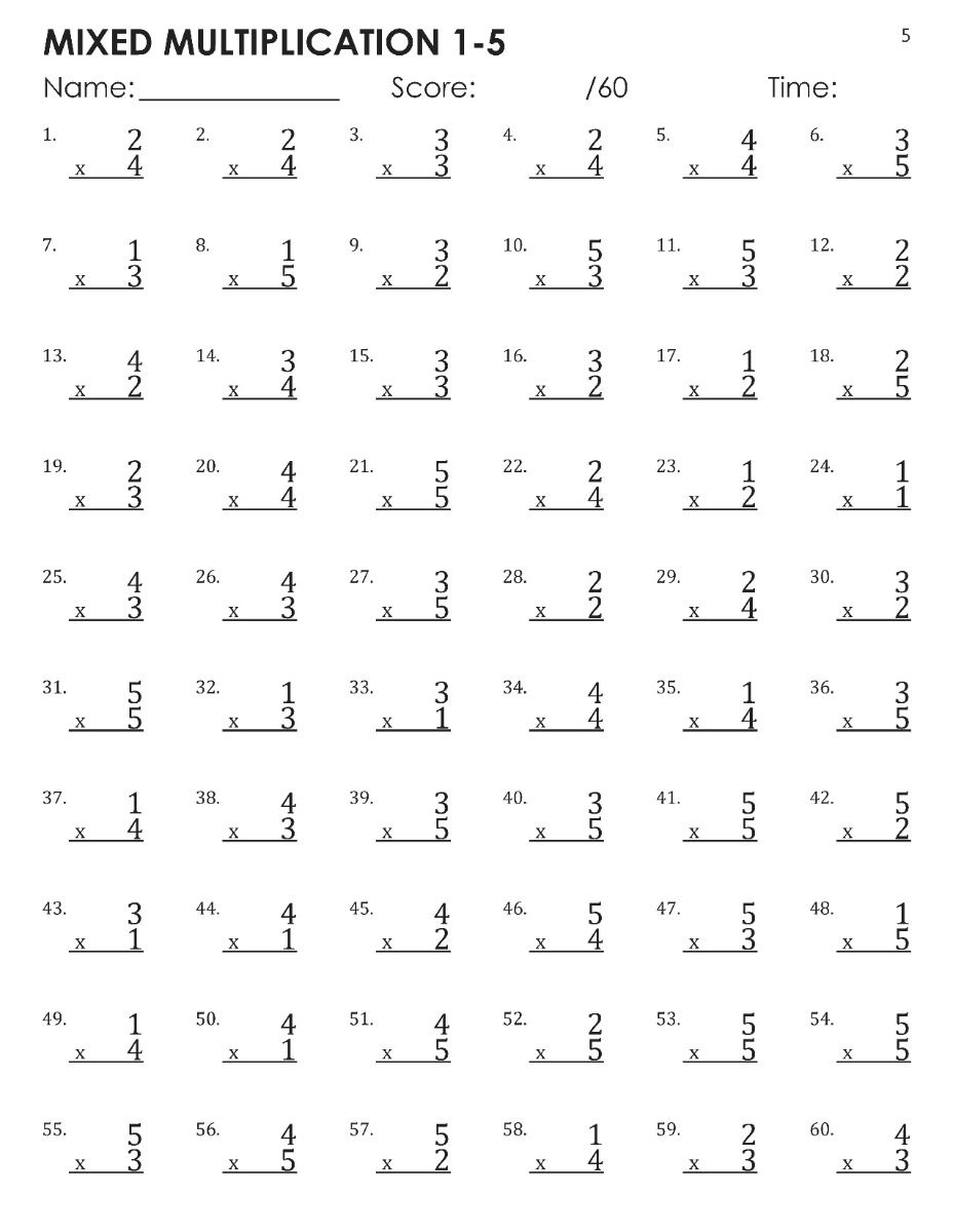 Mixed Multiplication Facts 1 5 Timed Tests Worksheets