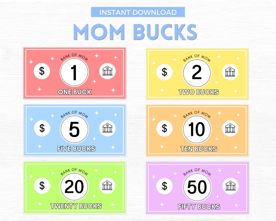 Mom Bucks Printable Reward Bucks For Kids Pretend Play Money For Kids Play Money Money For Grocery Playing Chore Bucks For Kids Etsy