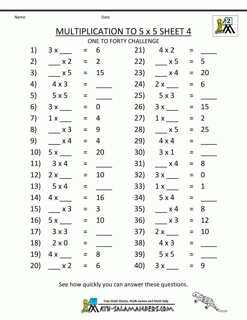 Multiplication To 5x5 Worksheets For 2nd Grade