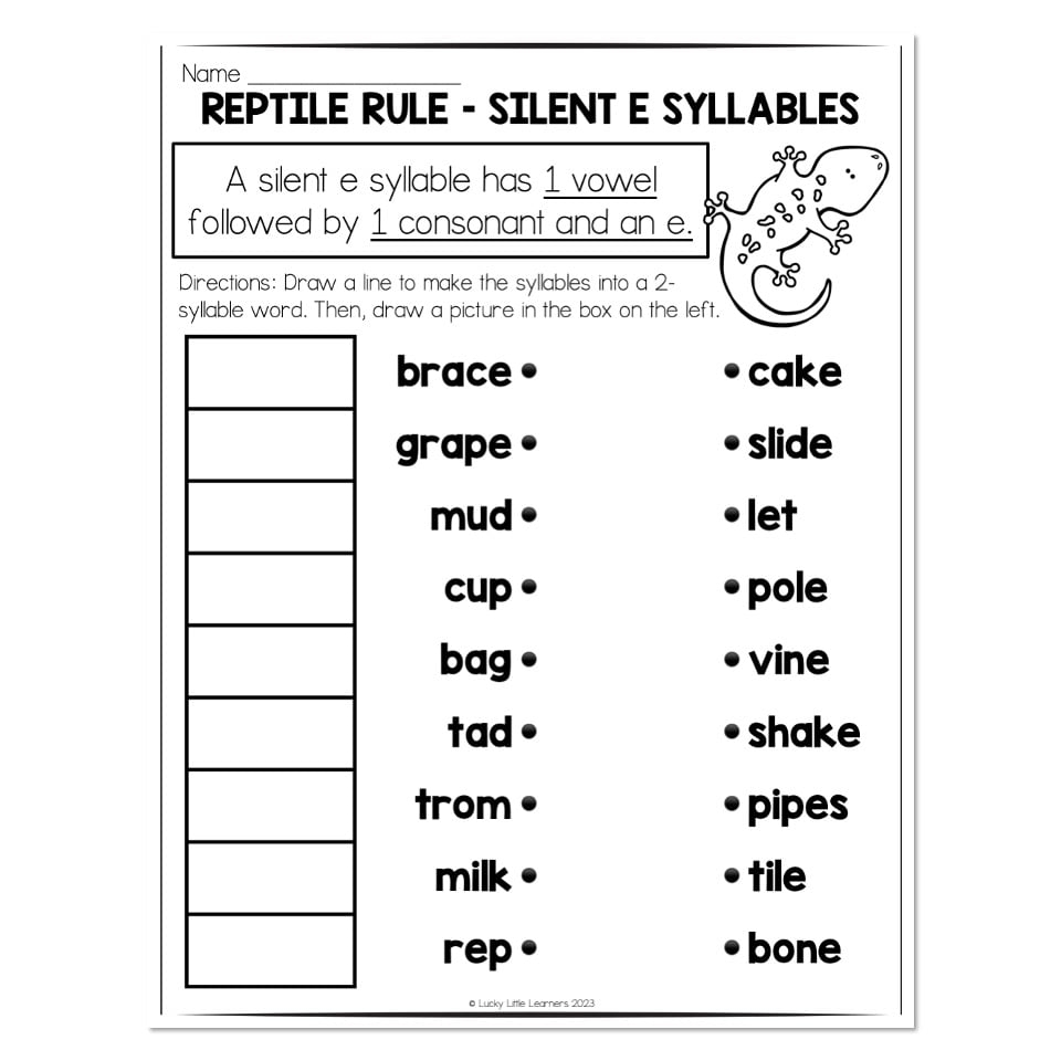 Multisyllable Words Book Reptile Rule Silent E Syllable Matching Lucky Little Learners