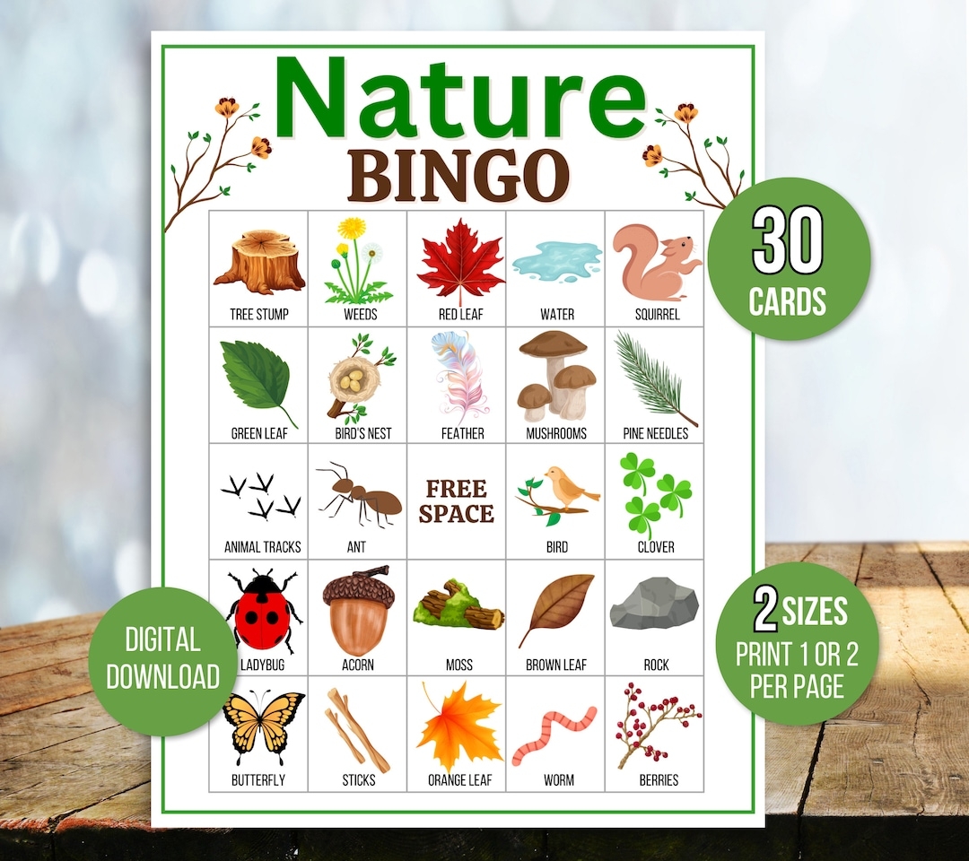 Nature Bingo 30 Printable Nature Bingo Cards Nature Party Game Nature Hike Bingo Camping Bingo Nature Scavenger Hunt Nature Game Etsy