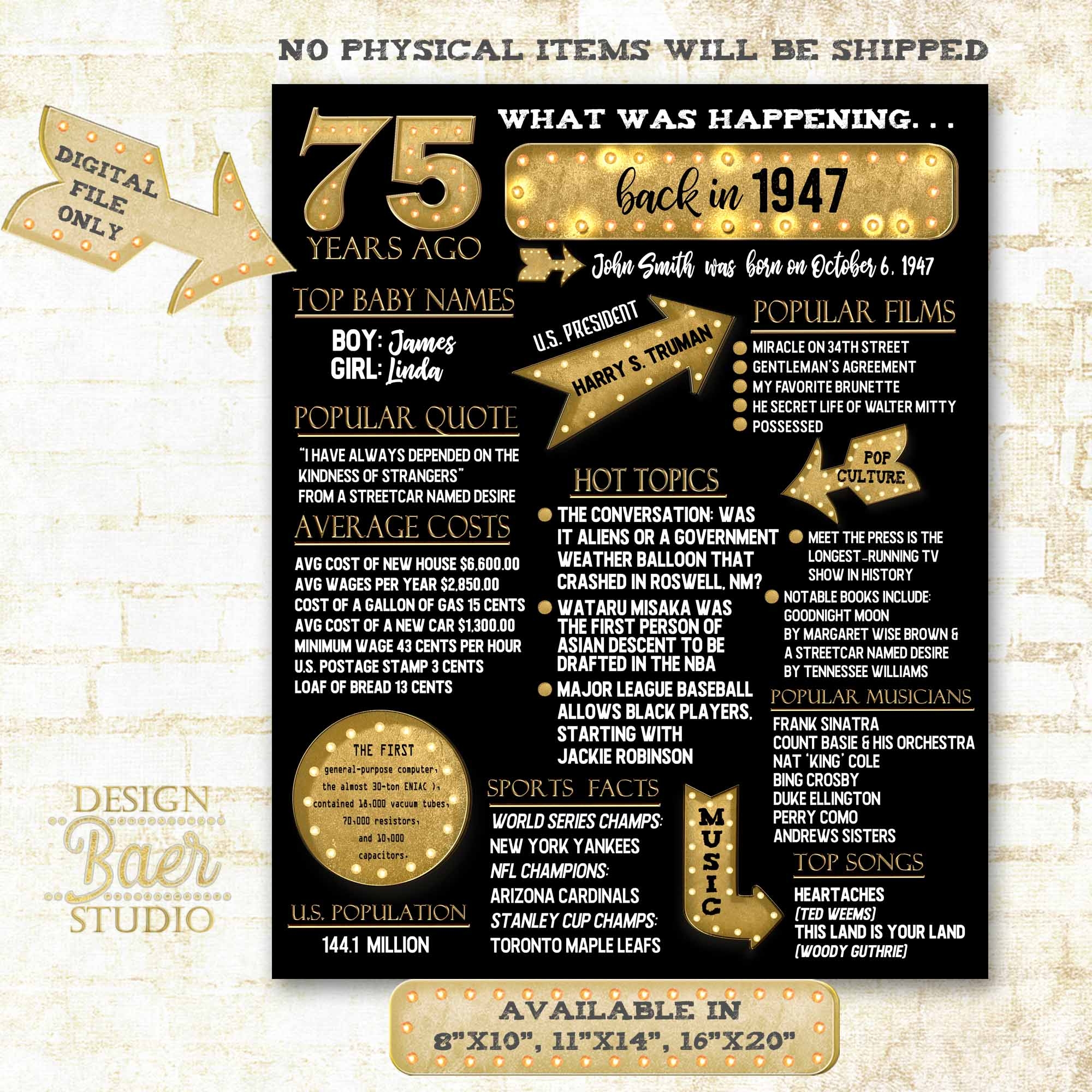 NEW 1947 Birthday Facts Poster Black And Gold 1947 Printable 75th Birthday Card Baer Design Studio