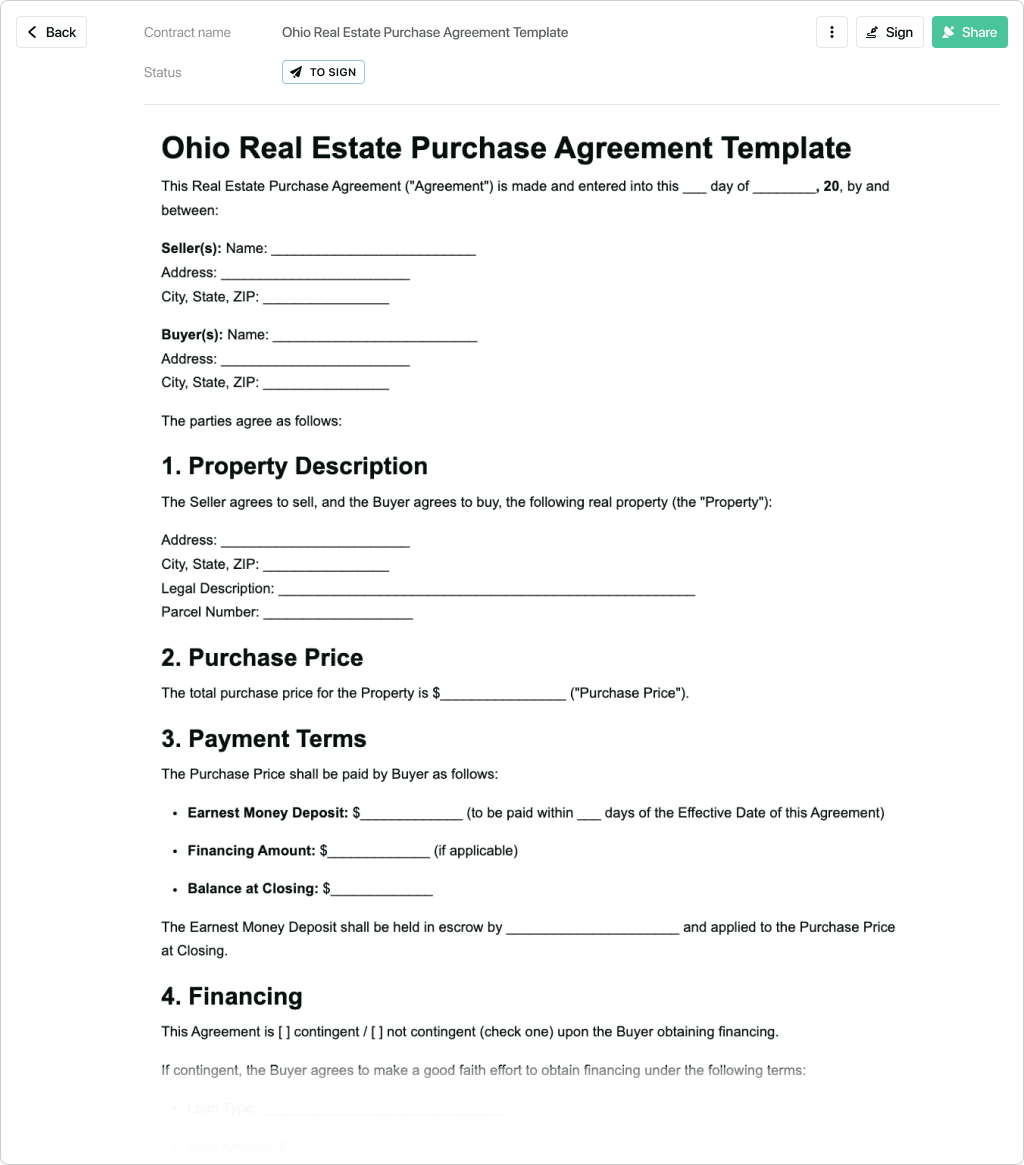 Ohio Real Estate Purchase Agreement Template Free To Use