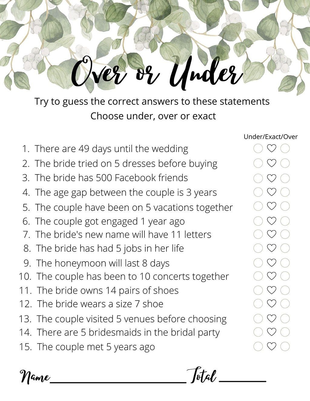 Over Or Under Bridal Shower Game Free Printable 