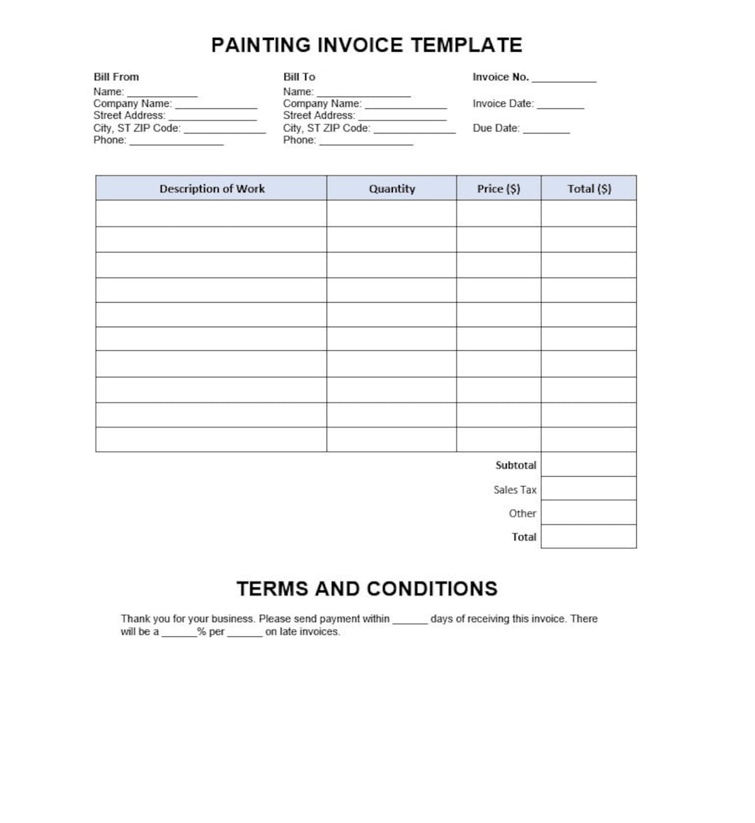 Painting Invoice Template Painting Invoice Template Word Template Invoice Word Template Simple Invoice Word Invoice Etsy