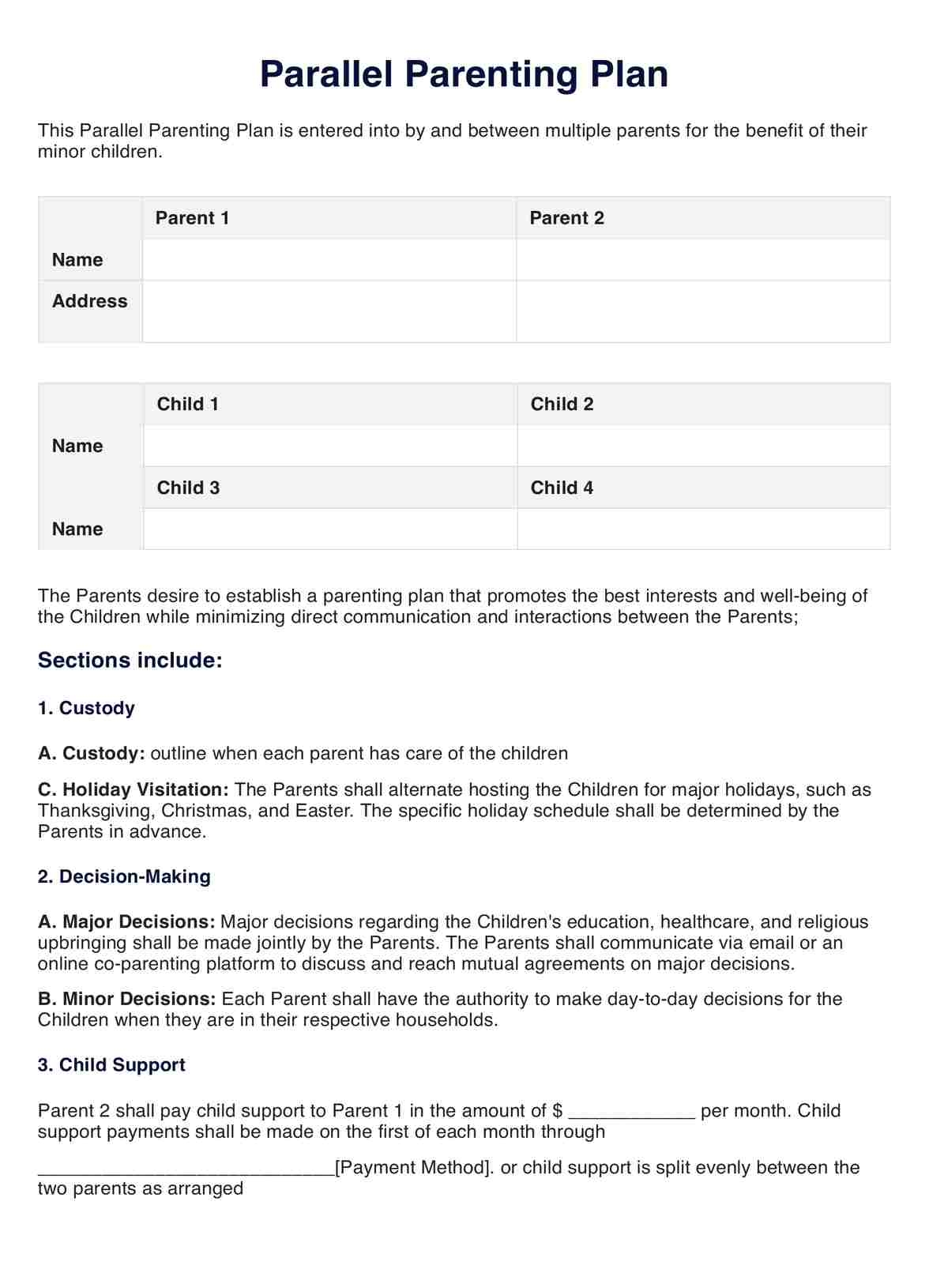 Parallel Parenting Plan Template Example Free PDF Download