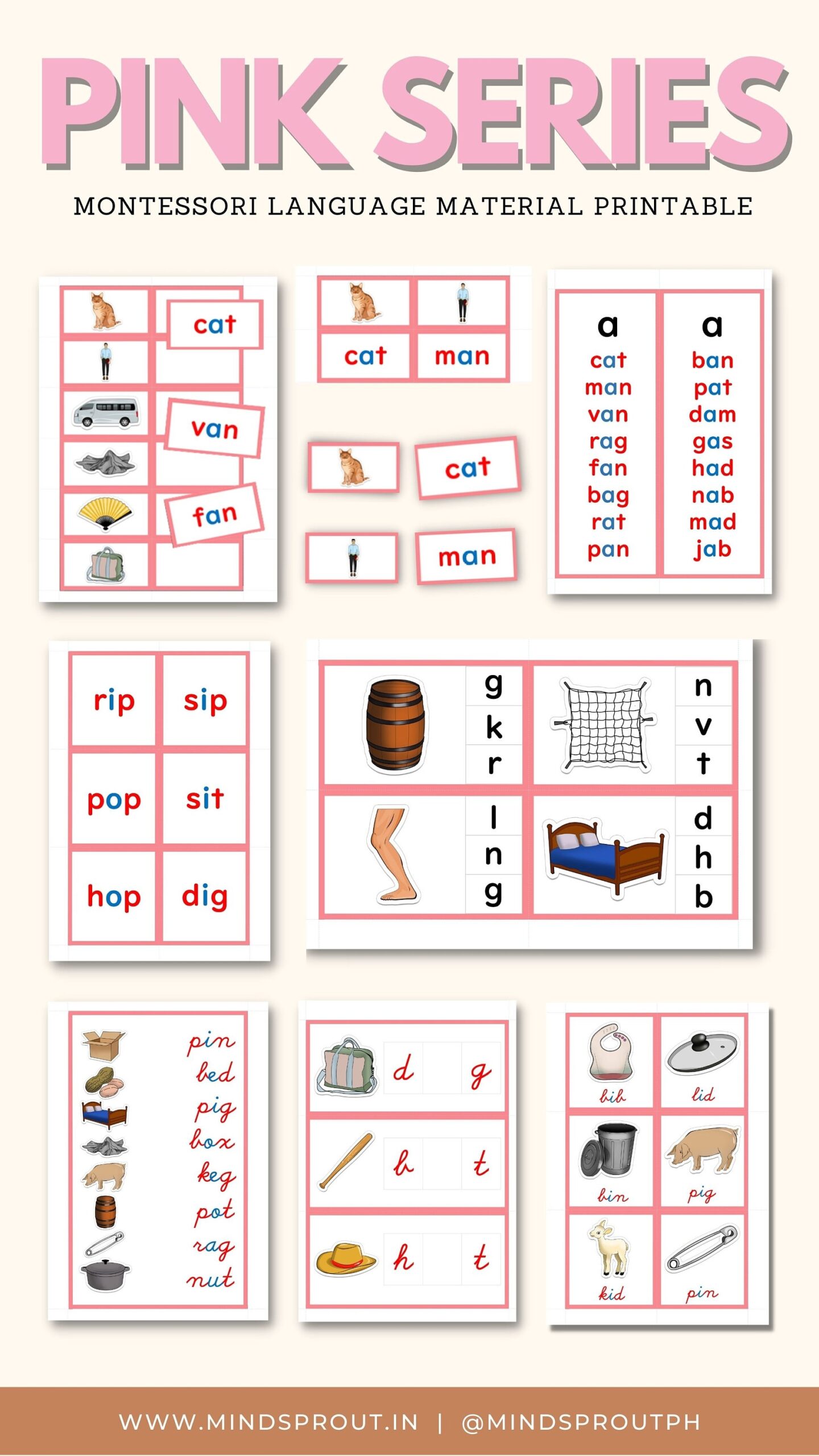 Pink Language Series PBG Montessori Language Reading System CVC Words Picture Cards Short Vowel Sounds PRINT Pink Series Printable Bundle Etsy