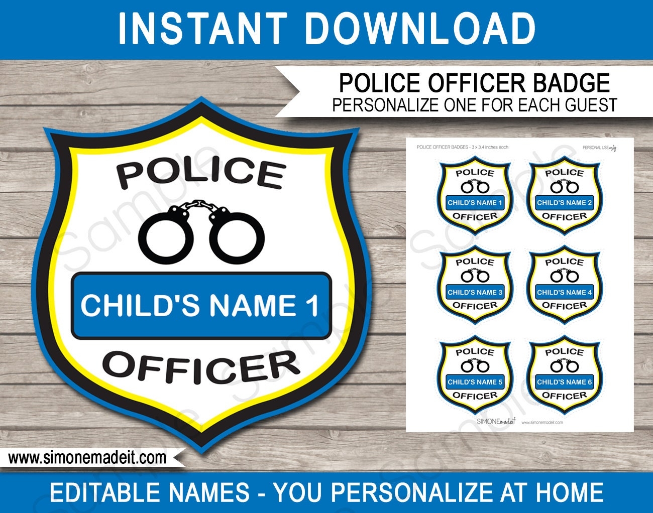 Police Officer Badges Template Printable Birthday Party Decorations INSTANT DOWNLOAD With EDITABLE Text Personalize At Home Etsy