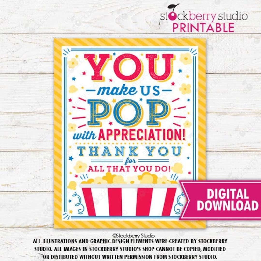Popcorn Thank You Sign Printable Teacher Appreciation Volunteer Coworker Employee Staff Nurse School PTO PTA Instant Download Etsy