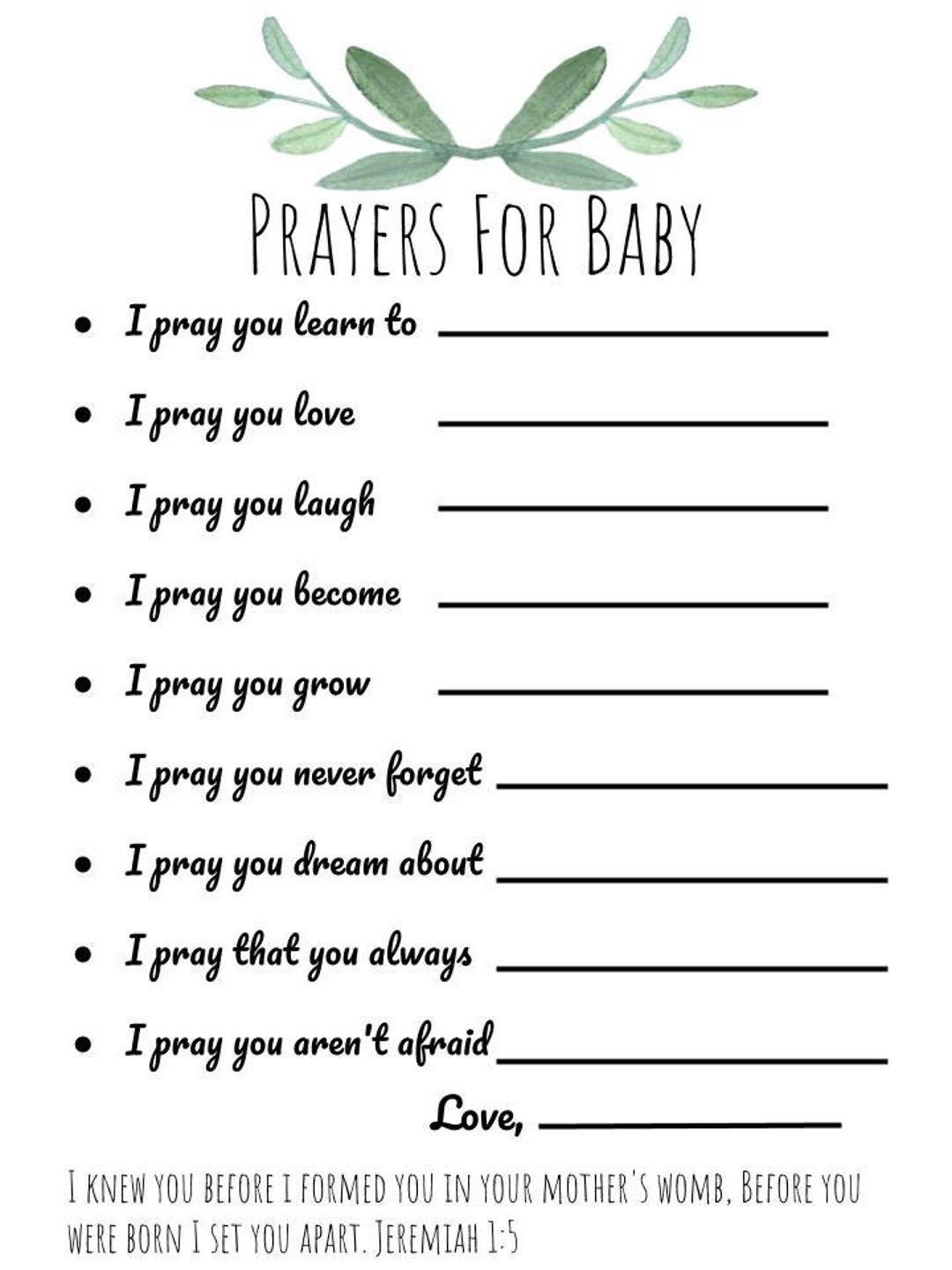 Prayers For Baby Template Baby Shower Prayers For Baby With Scripture Jeremiah 1 5 Etsy
