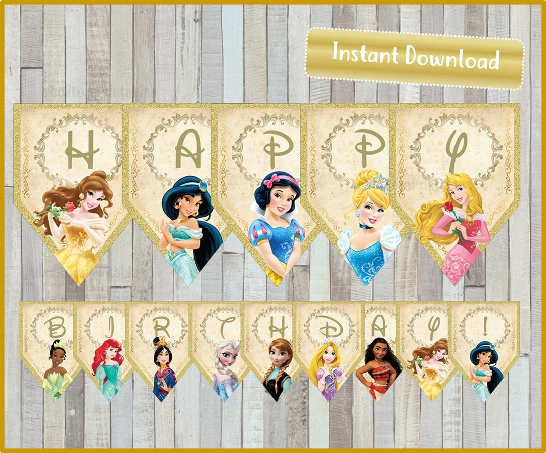Princess Birthday Banner Princess Happy Birthday Banner Printable Princess Party Banner Instant Download Etsy