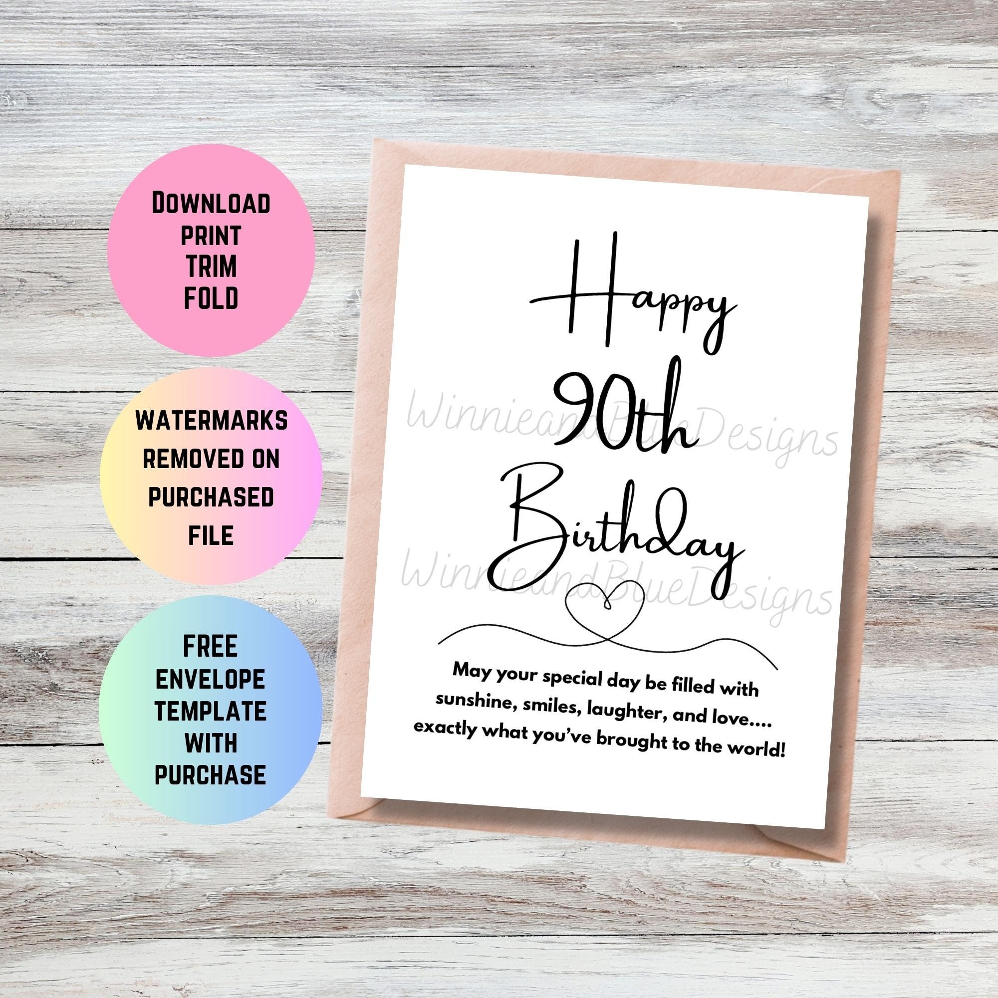 Printable 90th Birthday Card Milestone Birthday Card For Grandma Or Grandpa Simple 90th Birthday Gift Sunshine Laughter And Love Etsy