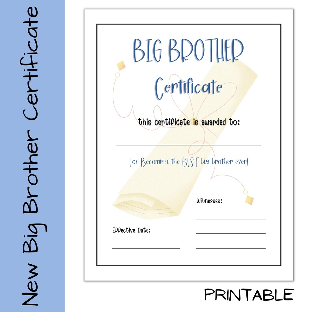 Printable Big Brother Certificate Promoted To Big Brother Instant Download Etsy