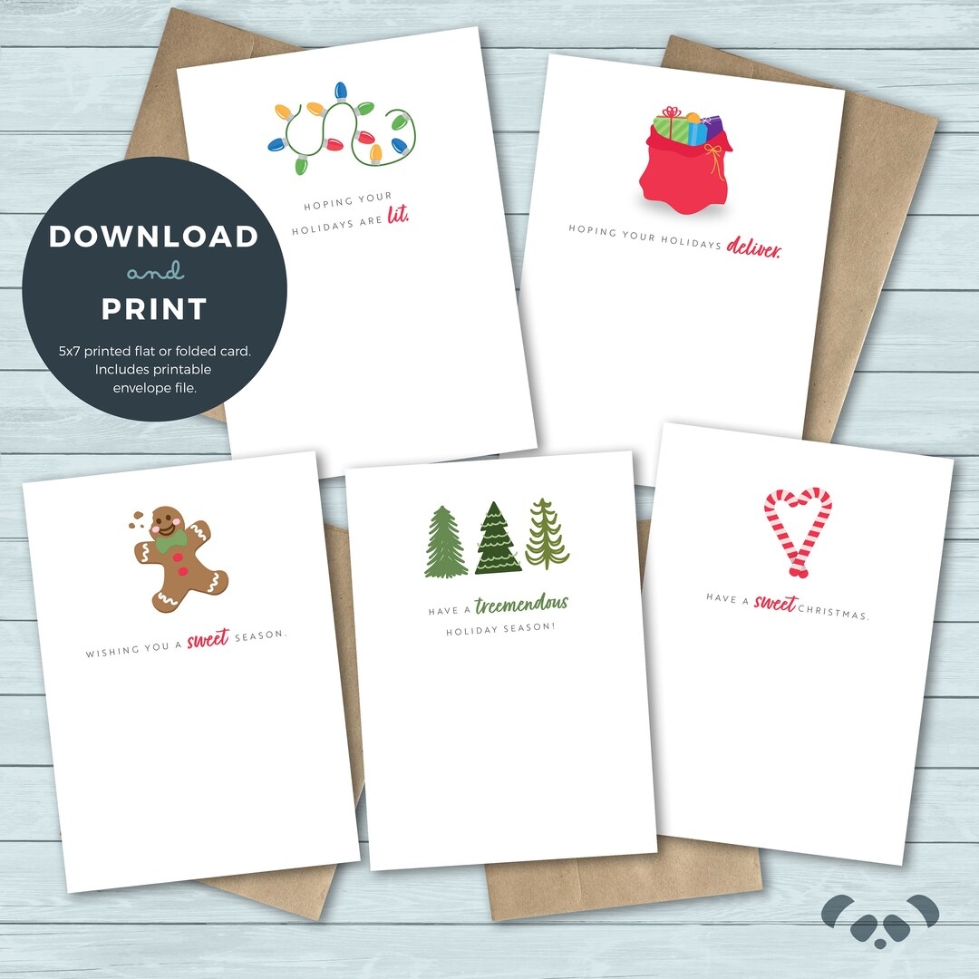 Printable Christmas Card Bundle Candy Cane Santa Bag Gingerbread Trees Lights Holiday Greeting Card Digital Download Etsy