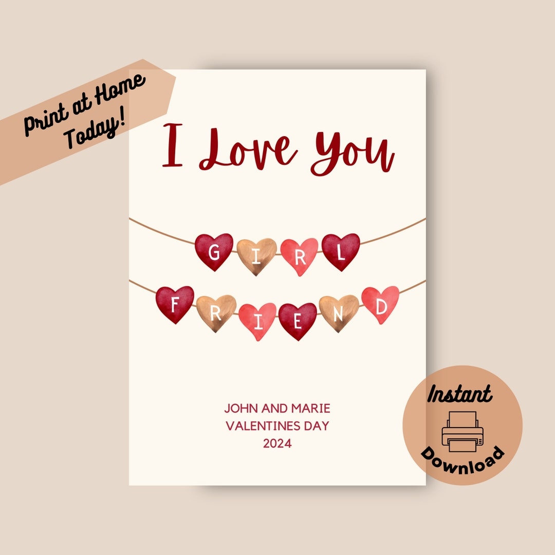 Printable Girlfriend Valentine Card Instant Download Print At Home Card Valentines Day 2024 Watercolor Hearts Valentine s Day Card Etsy