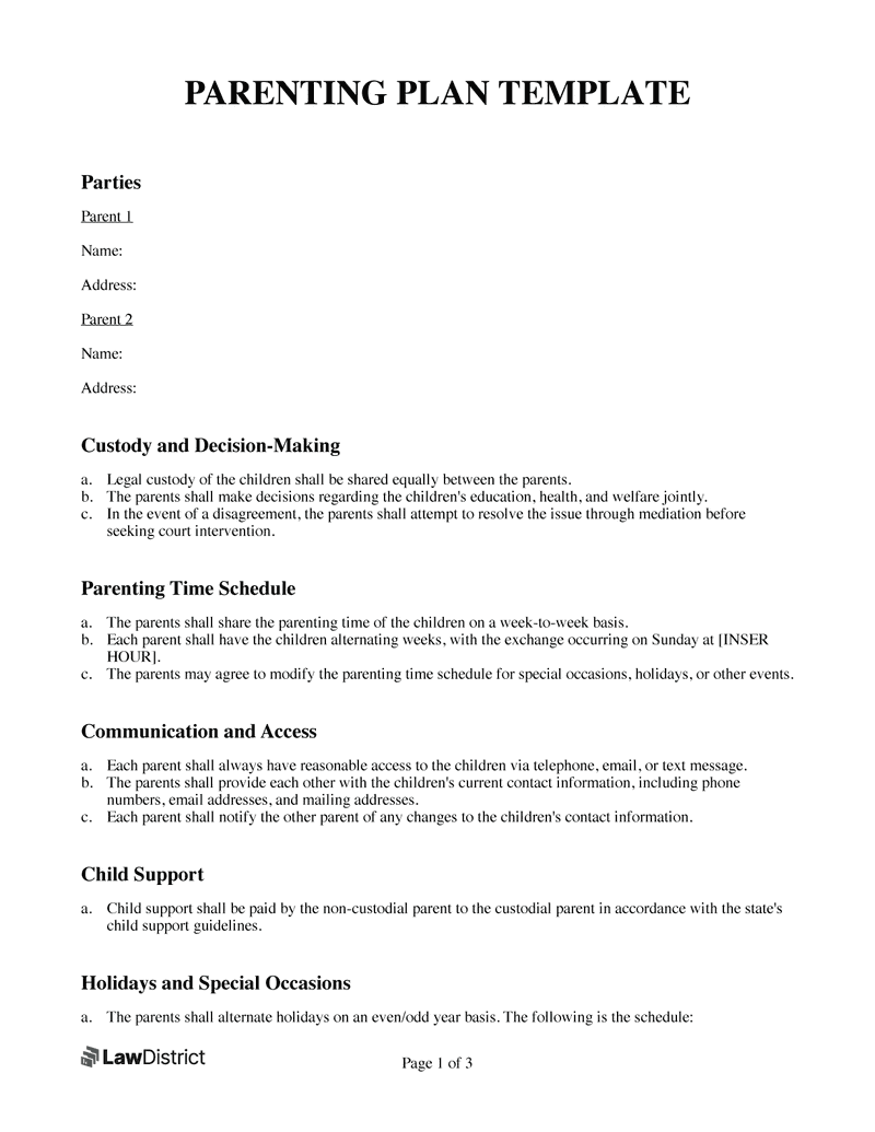Printable Parenting Plan Template PDF Word LawDistrict