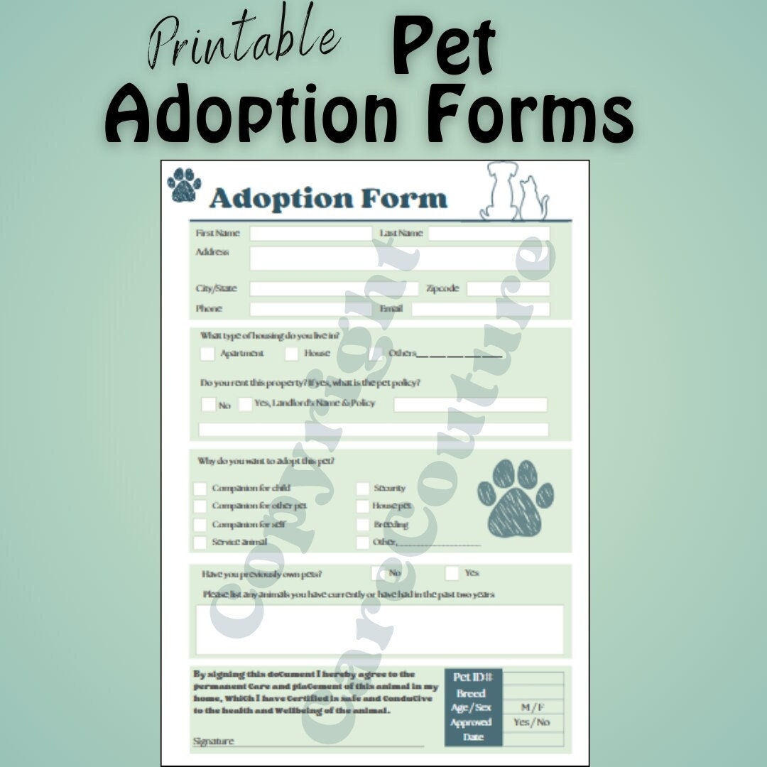 Printable Pet Adoption Form Animal Adoption Printable Download Pet Printable Adoption Downloadable Pet Adoption Rescue Animal Adoption Dog Etsy