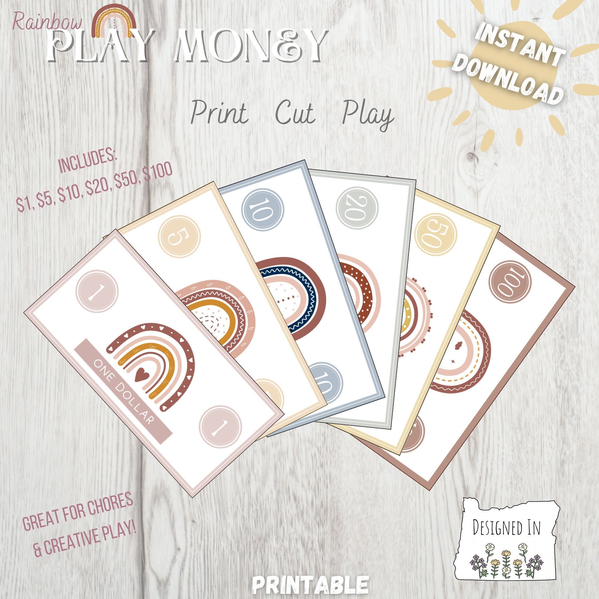 Printable Play Money For Kids Boho Rainbow Pretend Money For Allowance And Learning Print And Learn Homeschool And Creative Play Etsy