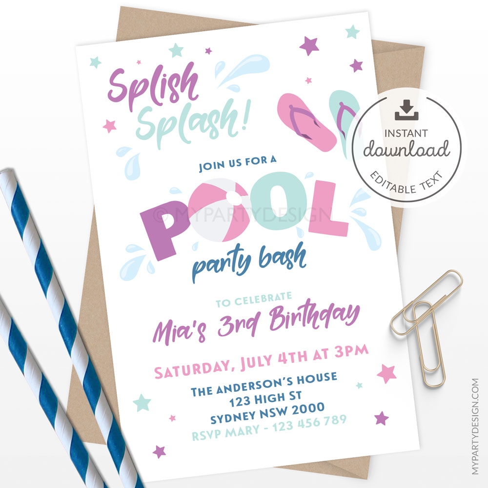 Printable Pool Party Invitation Girl Summer Party Invite My Party Design