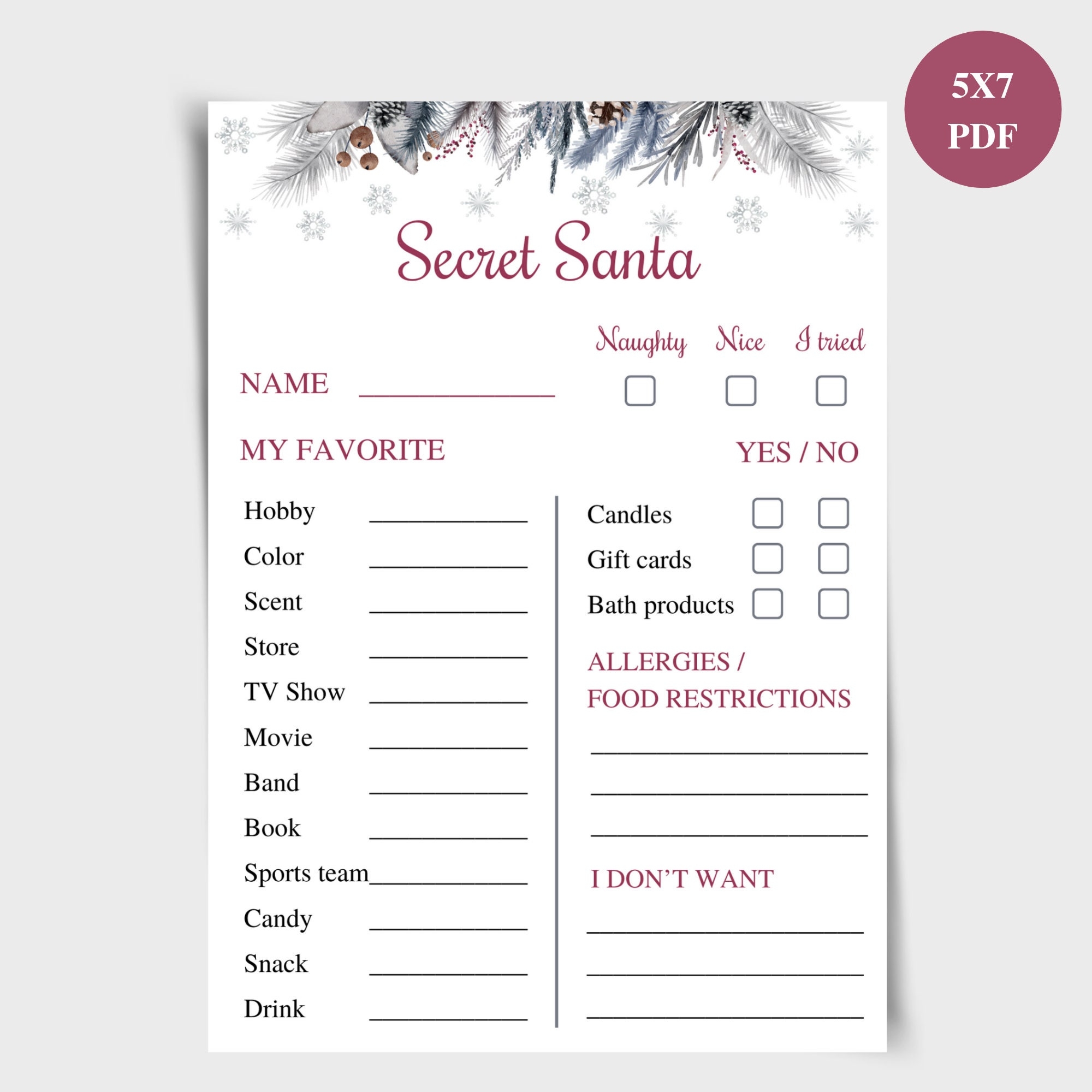 Printable Secret Santa Questionnaire 5x7 Work Secret Santa Info Cards Christmas Gift Exchange Questions Secret Santa Christmas Wish List Etsy Norway
