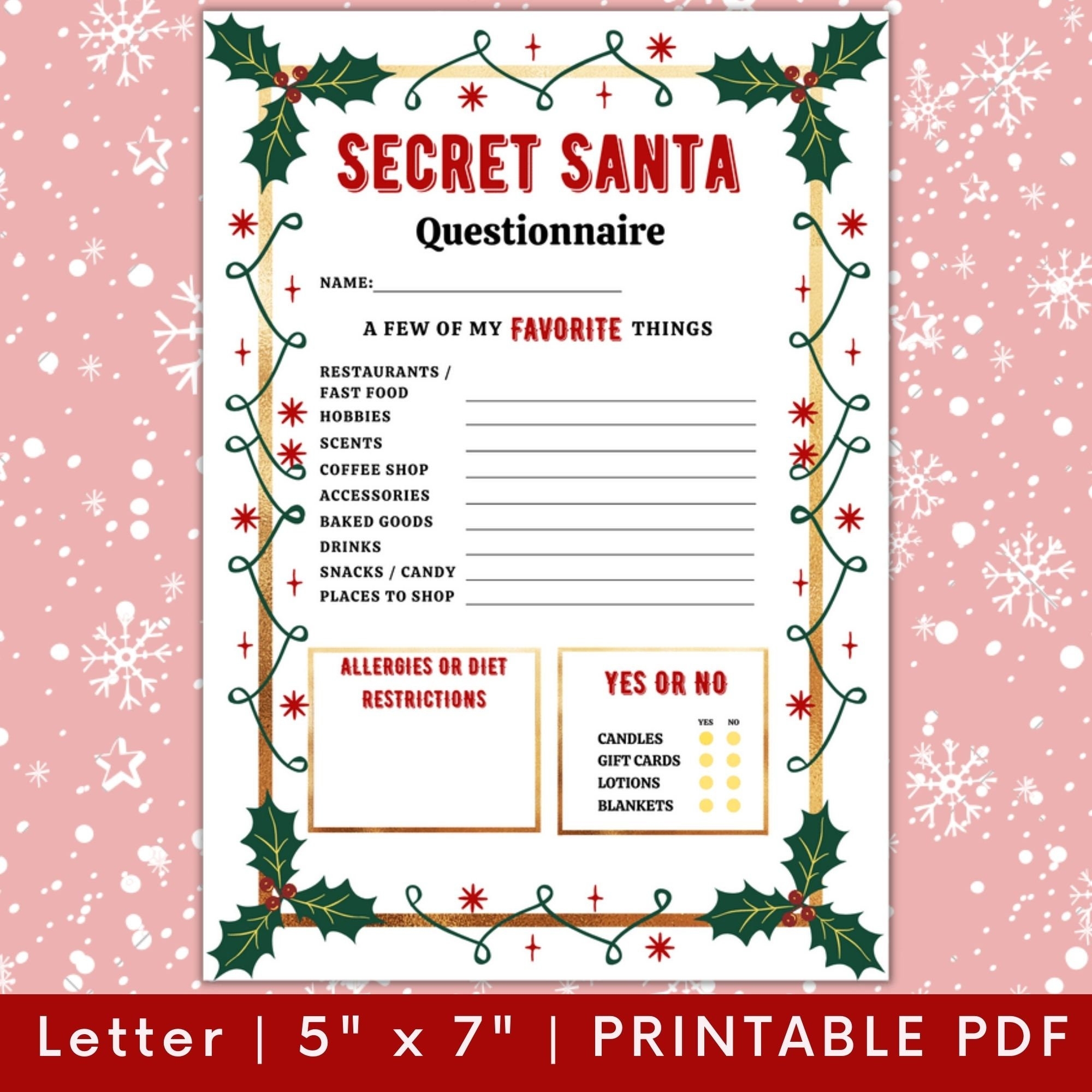 Printable Secret Santa Questionnaire For Christmas Gift Exchange Questions Work Secret Santa My Favorite Things Christmas Wish List Etsy