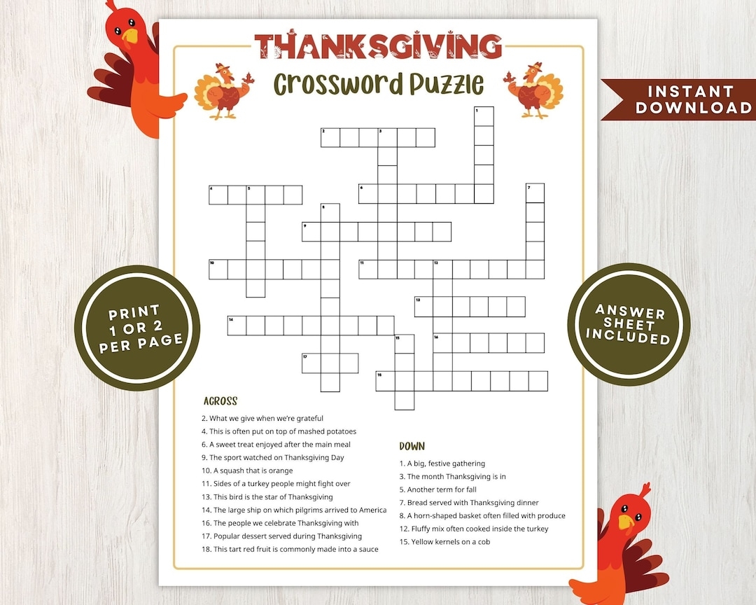Printable Thanksgiving Crossword Puzzle For Kids And Adults Crossword Game For Thanksgiving Gatherings And Classrooms Instant Download Etsy