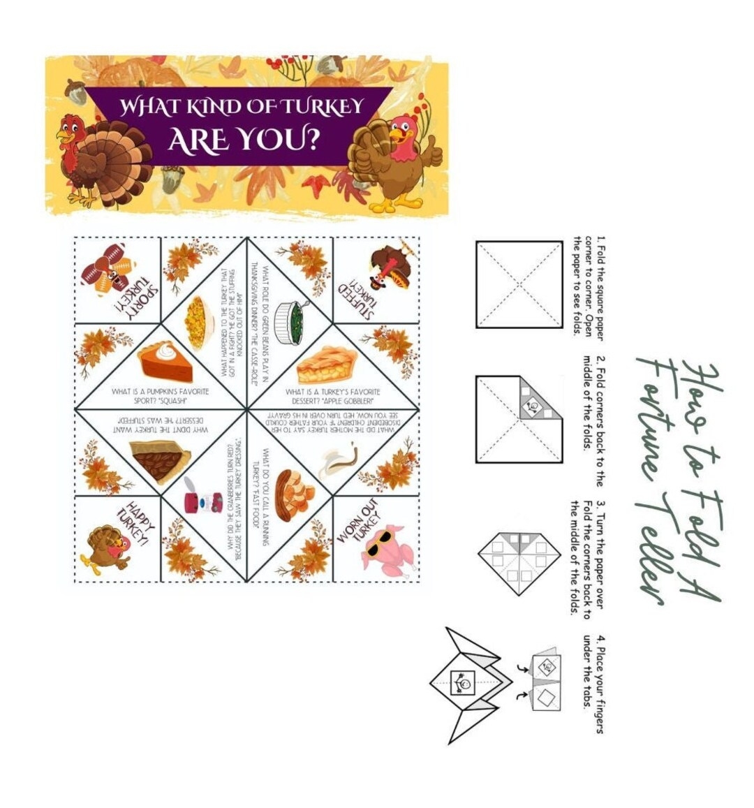 PRINTABLE Thanksgiving Fortune Teller And Cootie Catcher Thanksgiving Game Kids Table Thanksgiving Jokes Etsy