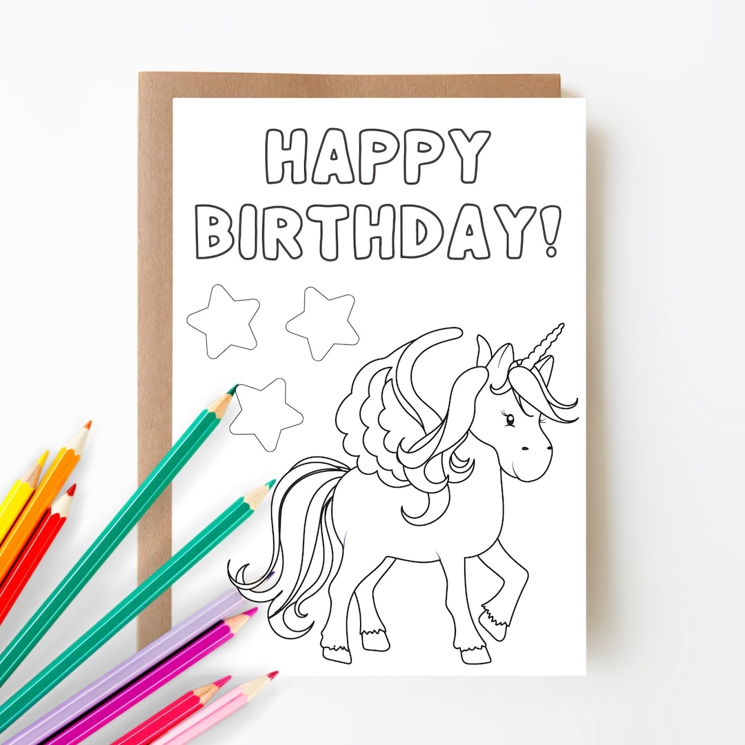 Printable Unicorn Birthday Coloring Card Happy Birthday Card Birthday Card For Kids Color Your Own Card 5x7 Card Etsy