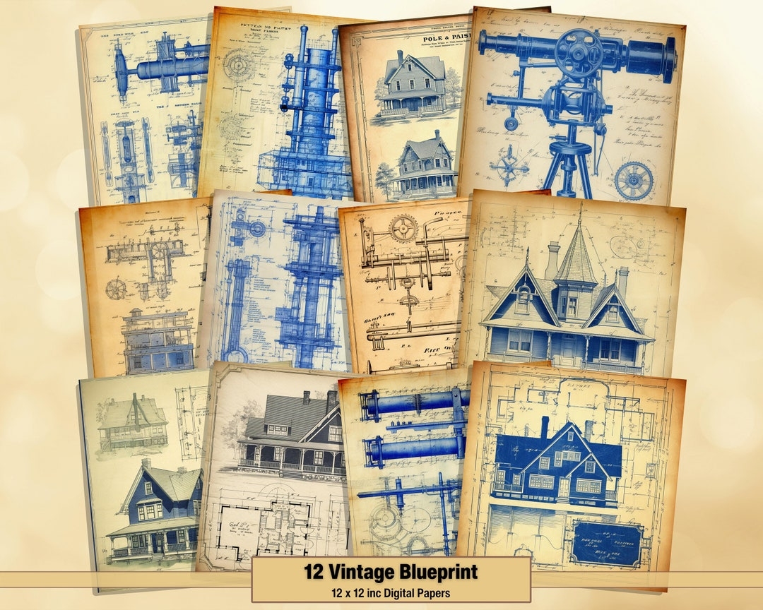 Printable Vintage Blueprint Digital Paper Architecture Page Technic Background Ephemera Download Junk Journal Scrapbooking Card Making Etsy