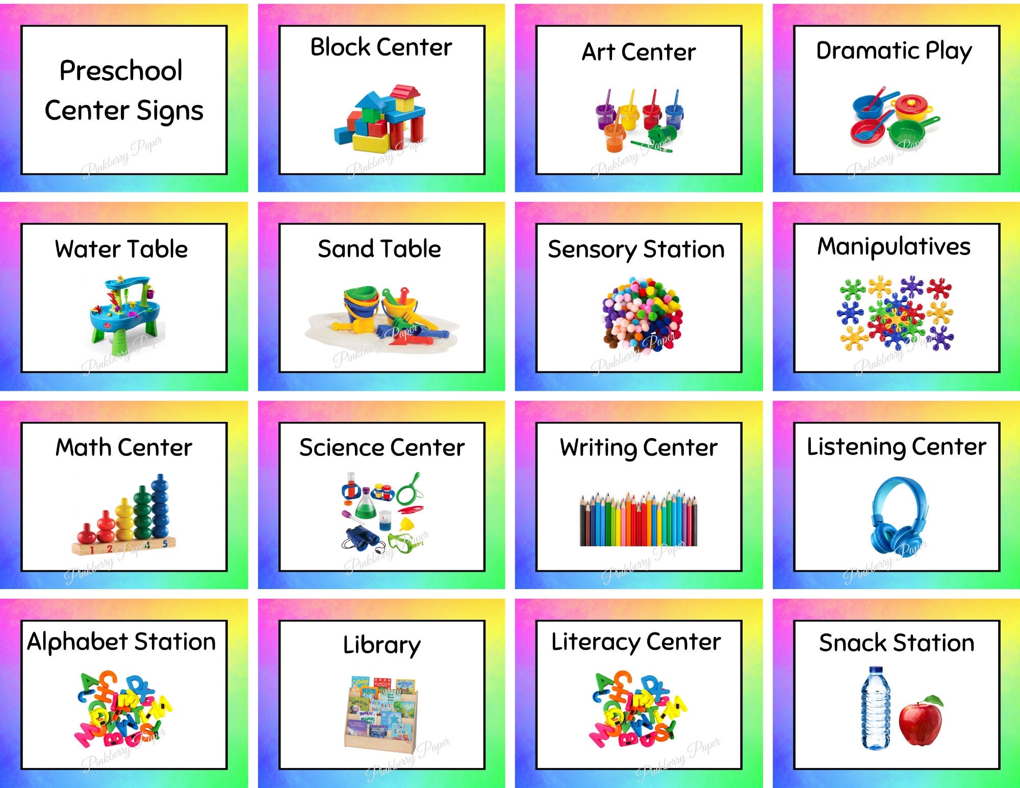 Rainbow Preschool Center Signs Set Of 15 Printable Classroom Labels Instant Download Etsy