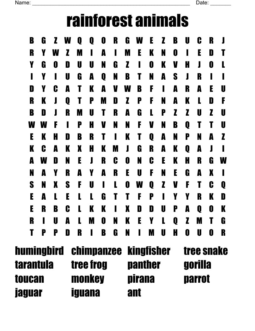 Free Printable Rainforest Word Search