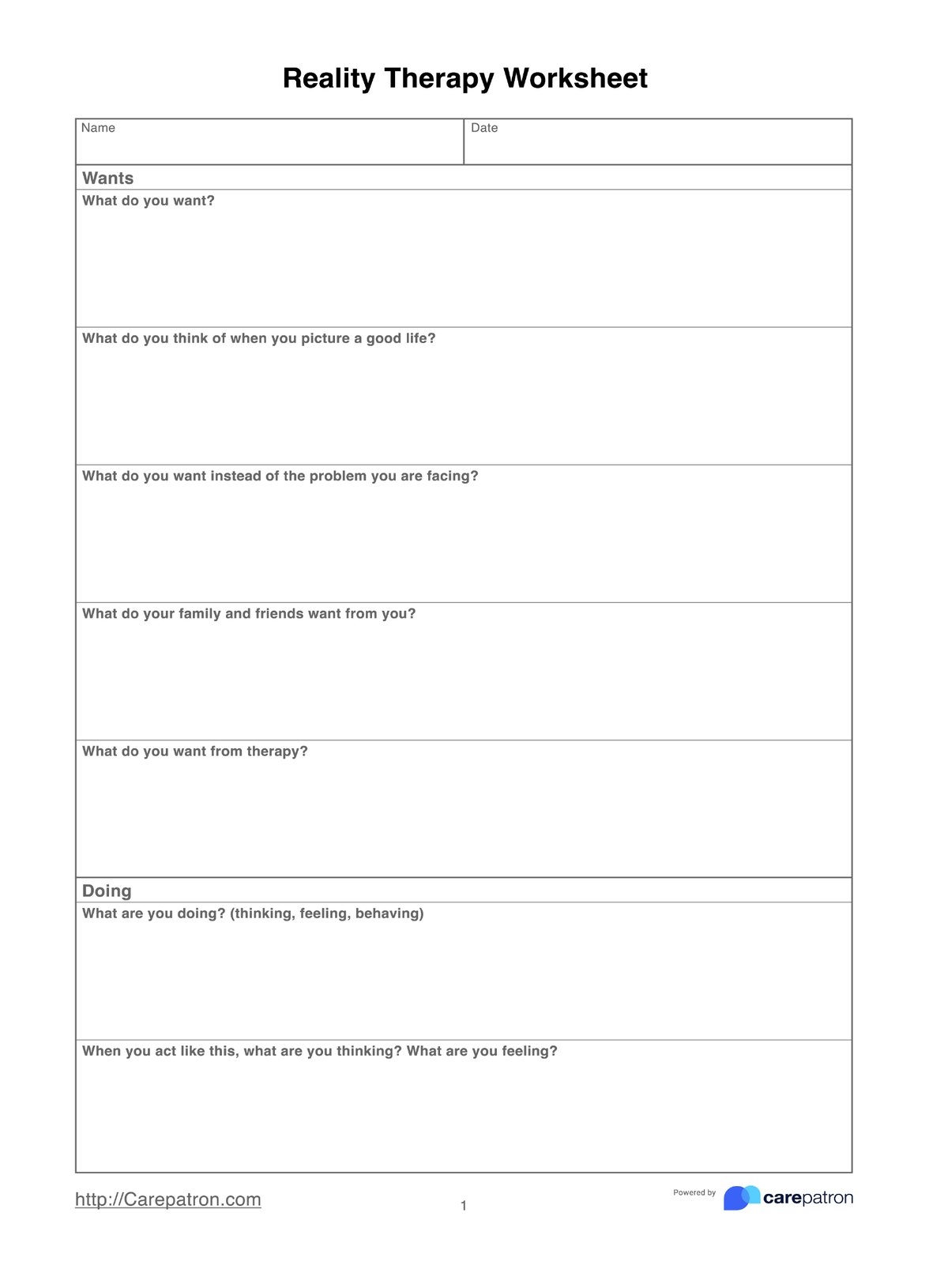 Reality Therapy Worksheet Example Free PDF Download