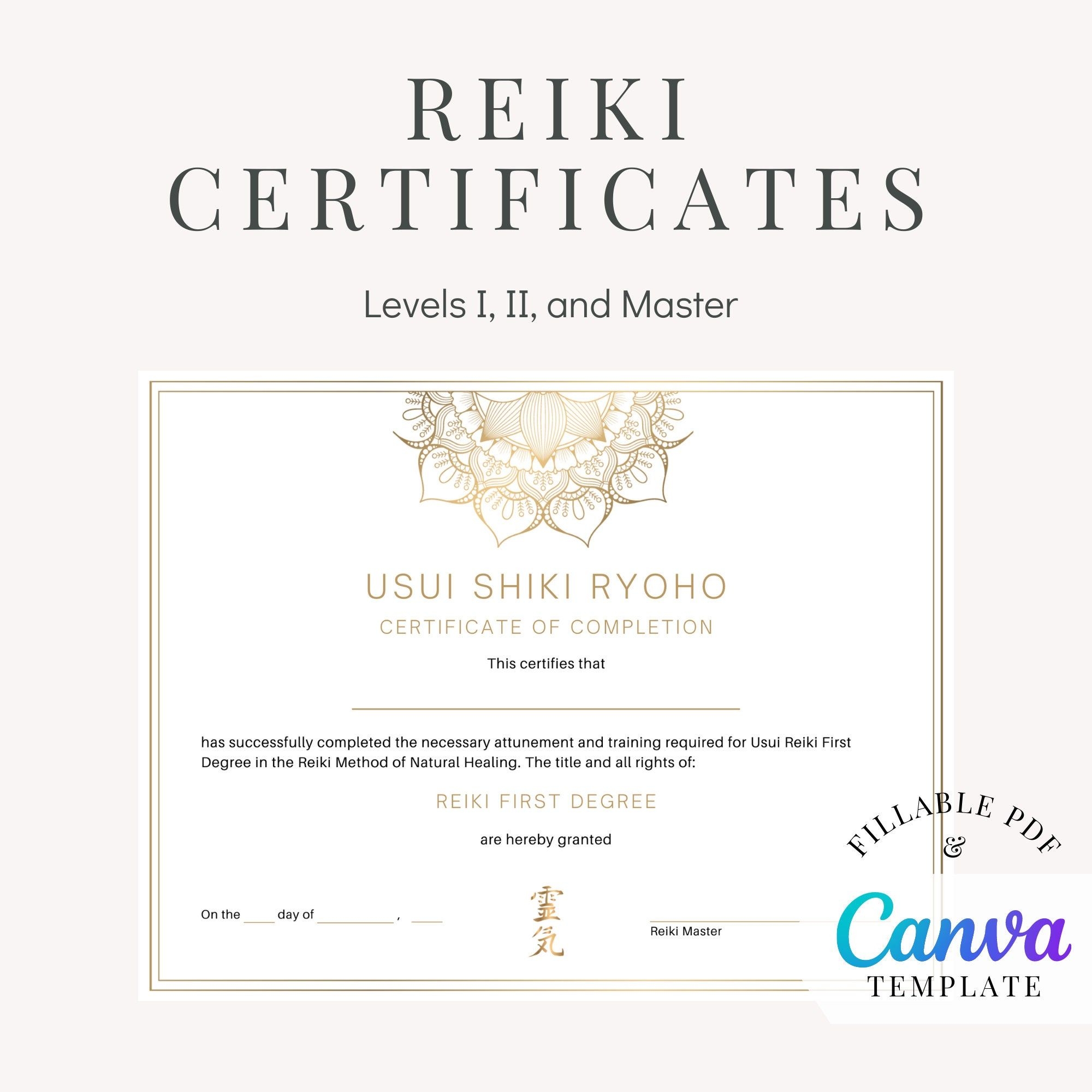 Reiki Certificates Levels I II And Master Fillable PDF Canva Template