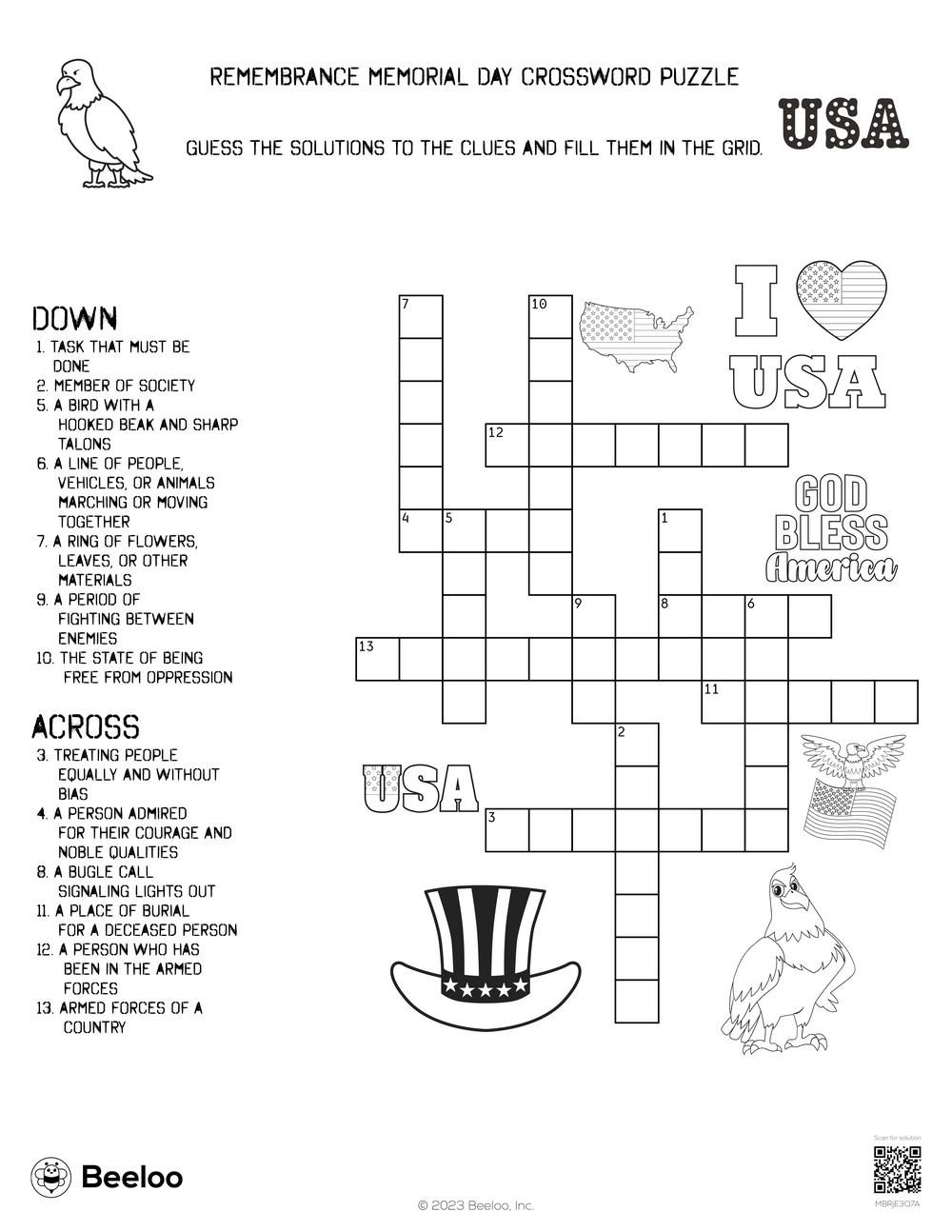 Remembrance Memorial Day Crossword Puzzle Beeloo Printable Crafts And Activities For Kids