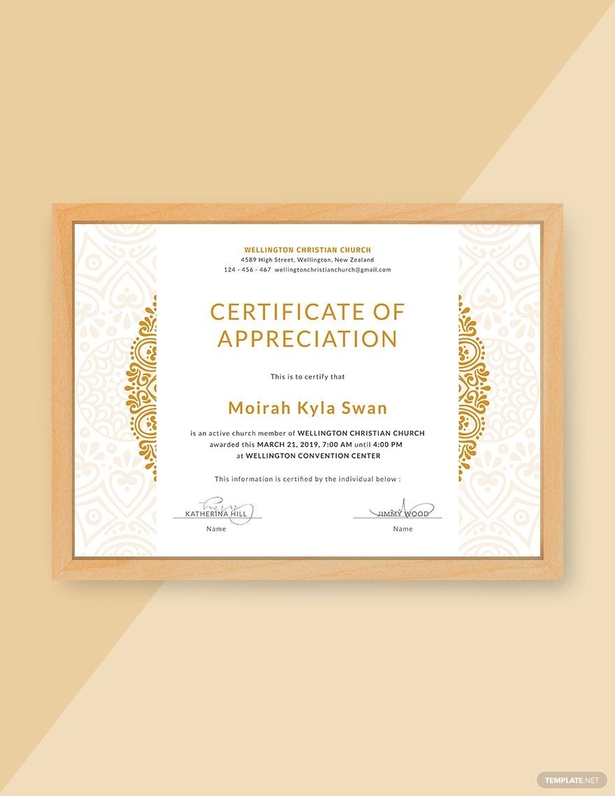 Sample Church Certificate Of Appreciation Template In InDesign Illustrator Pages PSD Word Publisher Outlook Download Template