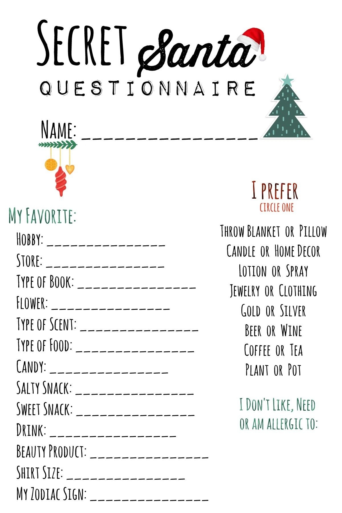 Free Printable Secret Santa Questionnaire